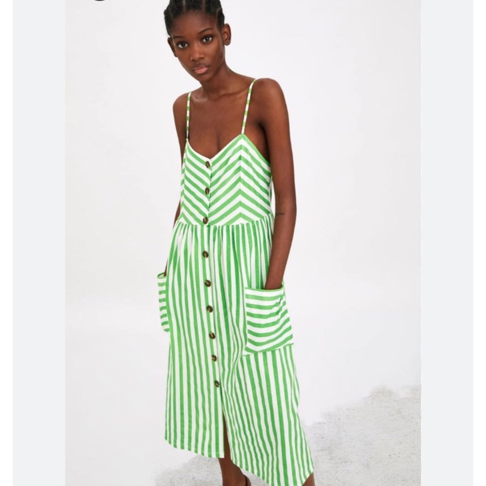 Zara Midi Sundress, Green and White Stripes, Front Pockets, Size Small